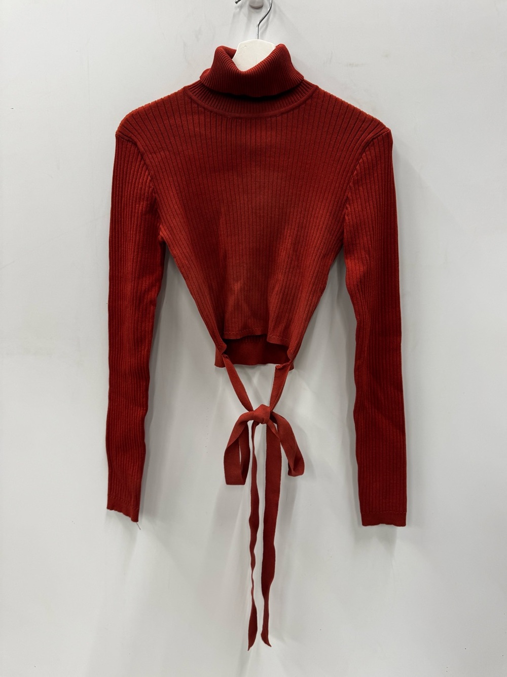 HYFVE Ribbed Tie-Back Turtleneck Crop Top in Rust Size Large